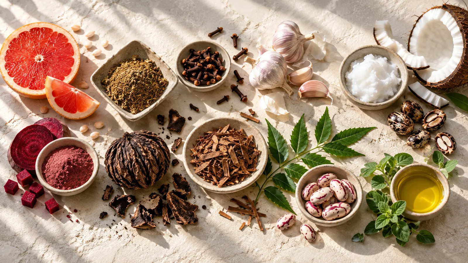 Natural ingredients on a stone table: grapefruit, cloves, garlic, coconut, black walnut, pau d'arco bark, neem leaves and oregano oil